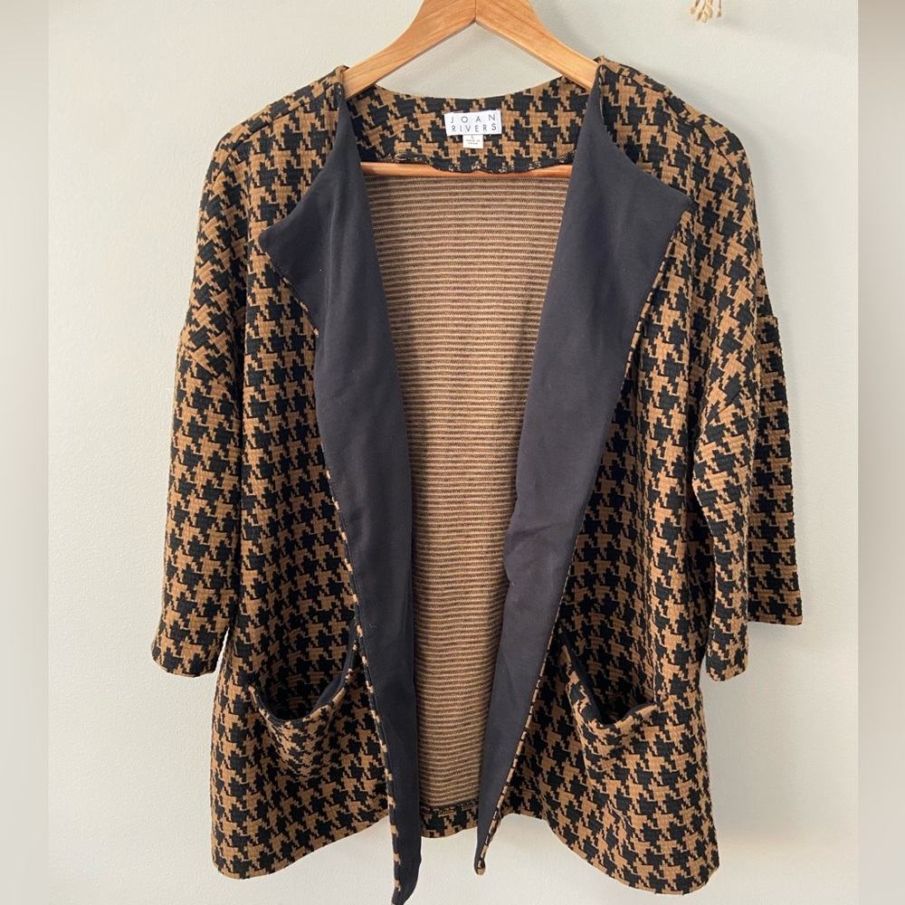 Joan Rivers Houndstooth Open Front 3/4 Sleeve Casual Oversized Fit Cardigan